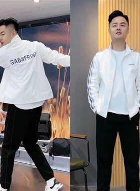 2022春夏季新款立领连帽黑色白色开衫外套短款宽松休闲夹克上衣男
