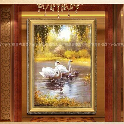 手绘油画 欧式风景画玄关油画竖 手绘欧式装饰画 温馨天鹅湖