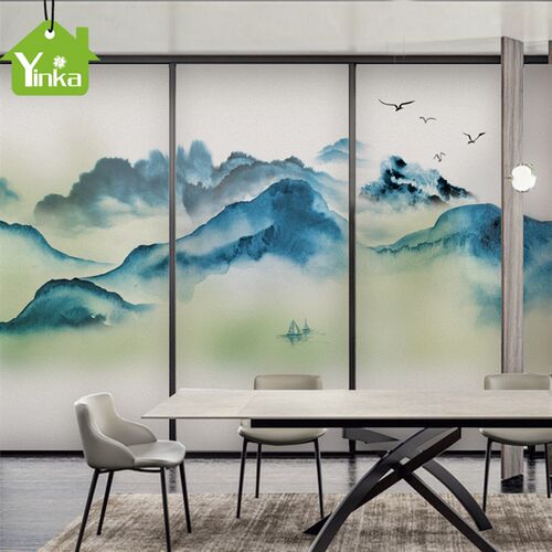 定制古典水墨风景画静电磨砂玻璃贴纸透明贴膜窗户办公室装饰防晒