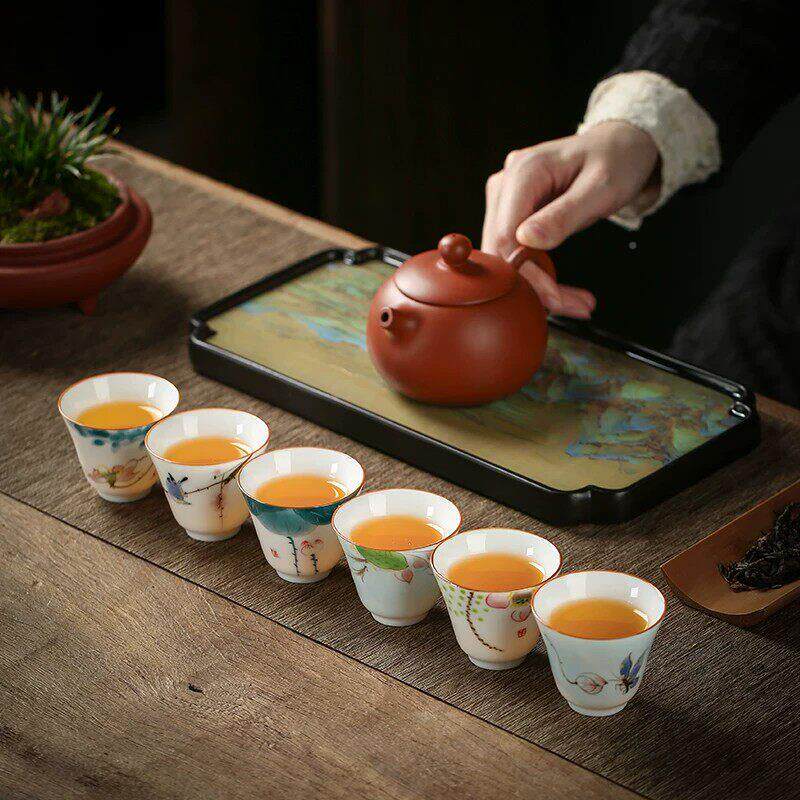 手绘品茗杯高个人具用主专VQO人杯套装功夫茶伴档手礼陶瓷斗笠杯