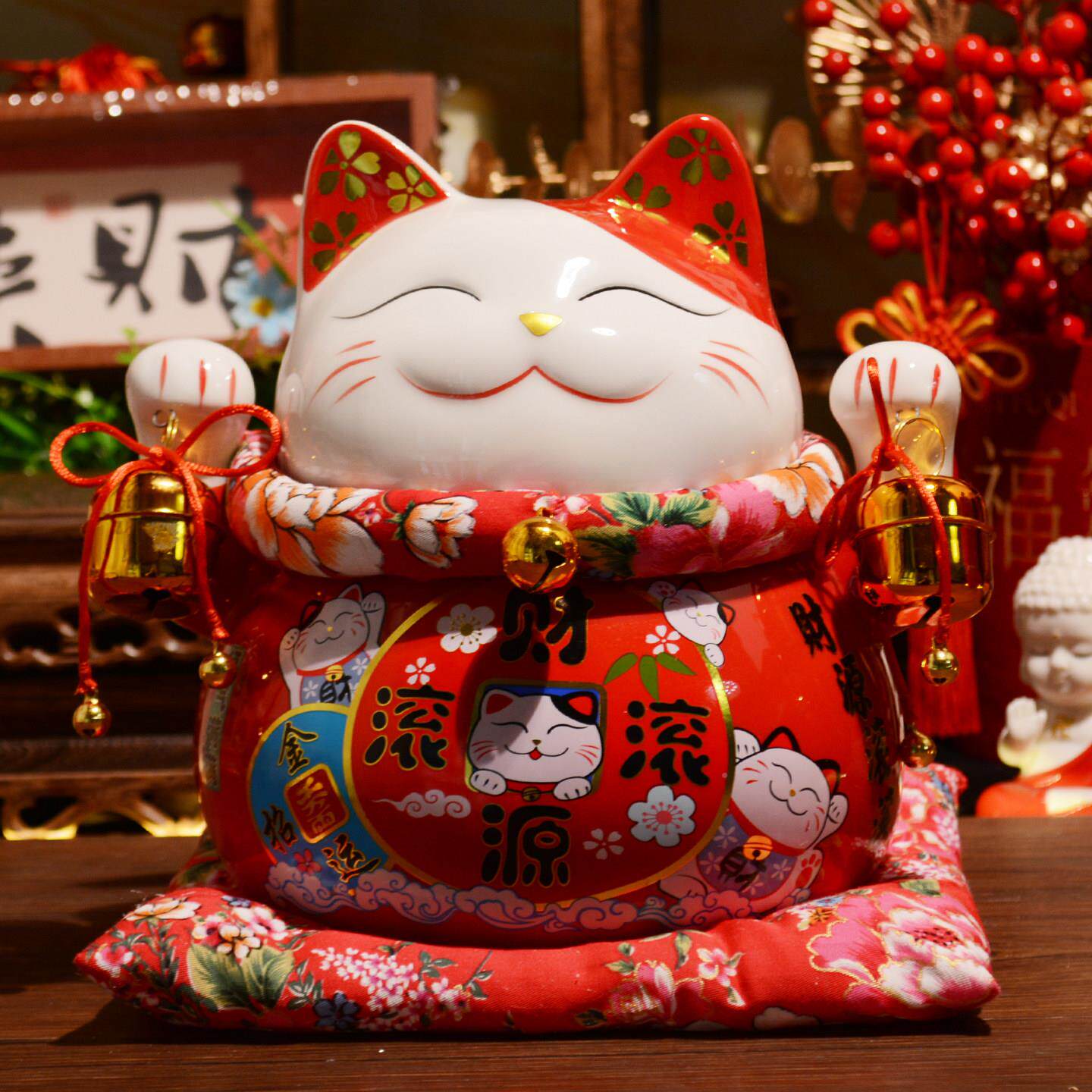 国红色招财摆件HM-10H猫乔迁喜庆吉祥存钱罐金风色陶瓷发财开业收