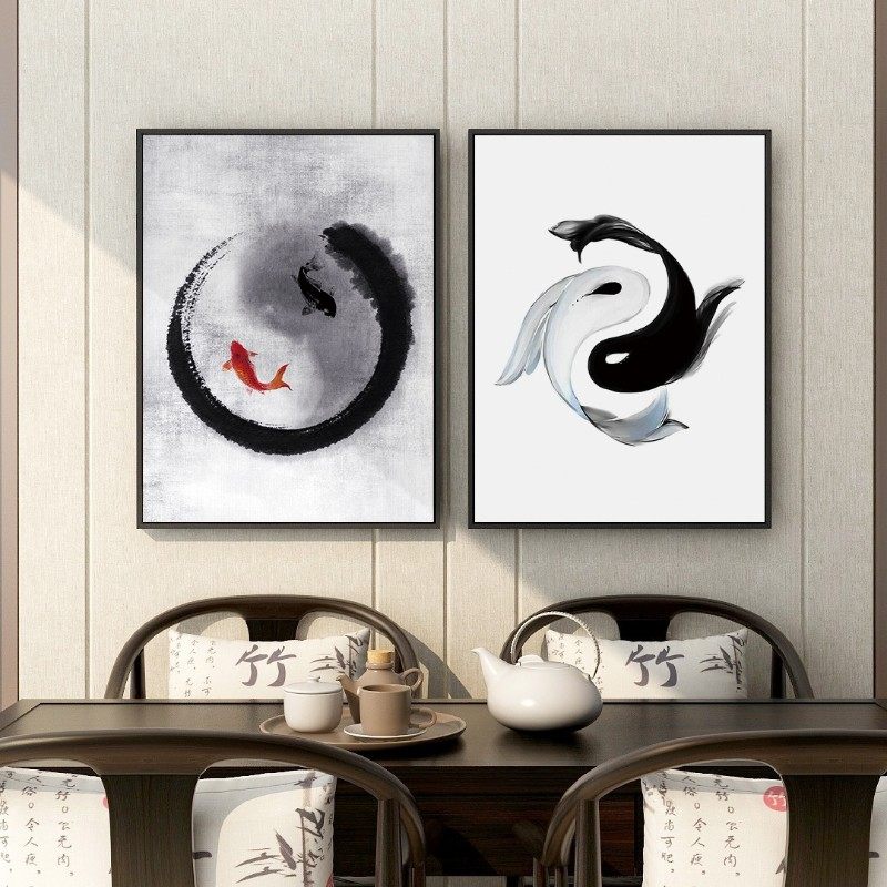 太极图挂画阴阳鱼新中式禅意装饰画抽象茶室玄关背景墙壁画定做