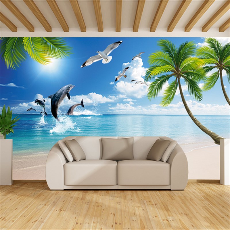 自粘3d防水墙贴画风景山水海景海滩客厅电视背景墙贴画装饰壁画
