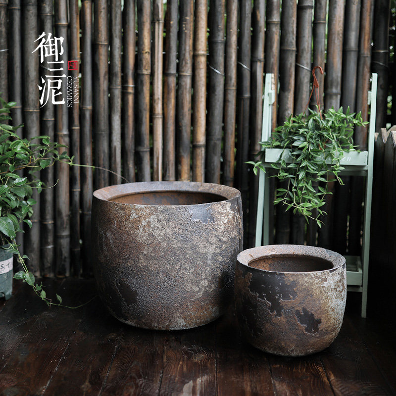 景德镇侘寂风土陶盆落地大花盆客厅民宿别墅大口径户外庭院摆件