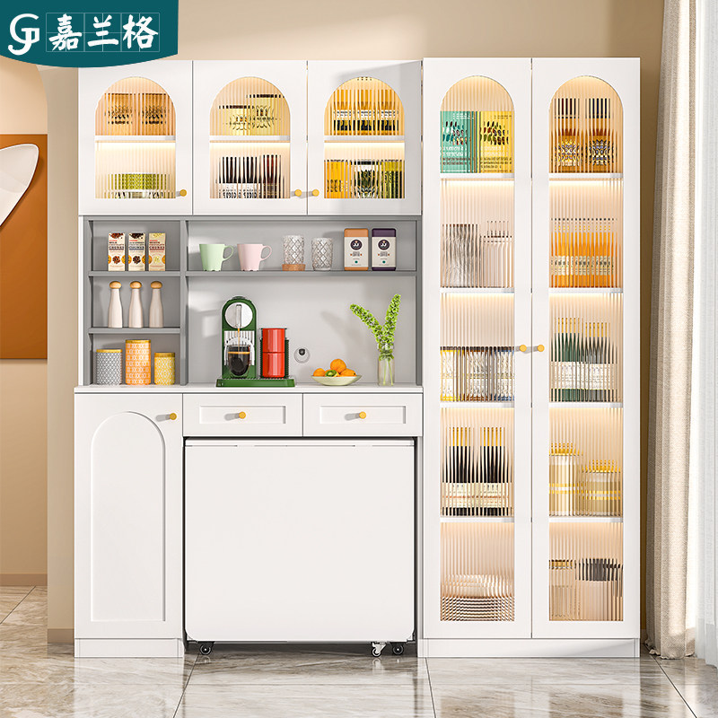 法式奶油风餐柜餐桌一体折叠小户型家用靠墙酒柜多功能储物柜子