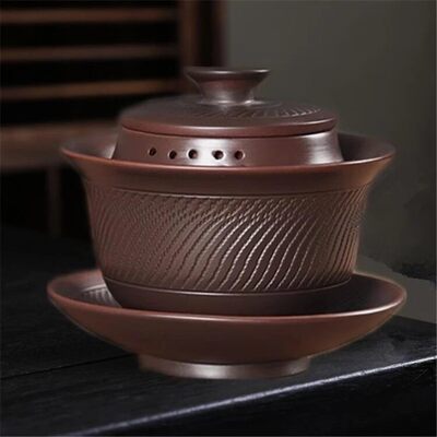 紫陶不烫手三才盖碗原矿茶杯