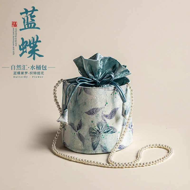 蓝蝶絮梦束口水桶包布艺收纳袋盖碗茶杯主人杯袋便携茶事包手提包