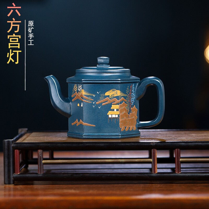 宜兴紫砂壶茶具原矿天青泥手工六方宫灯壶家用典雅泡茶壶古色古香