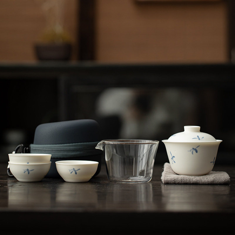 手绘兰花盖碗茶杯旅行茶具小套装便携式户外泡茶陶瓷快客杯伴手礼