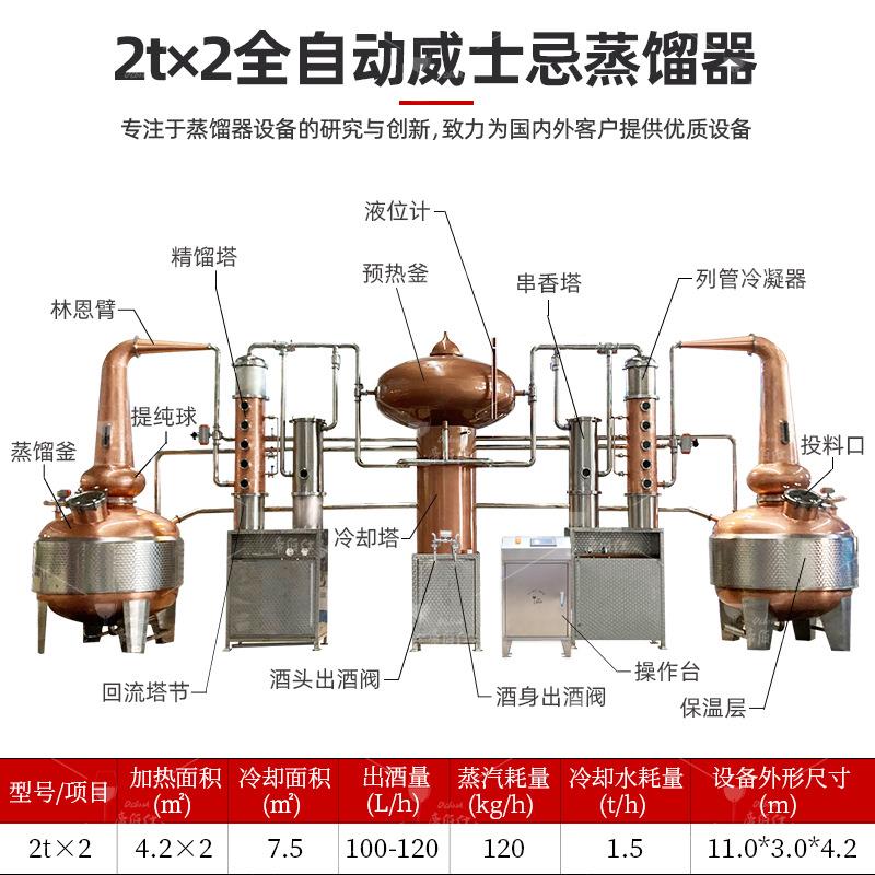 2吨X2KQO威忌蒸馏器全自动壶塔合式紫铜馏器威士士结忌精蒸品蒸馏