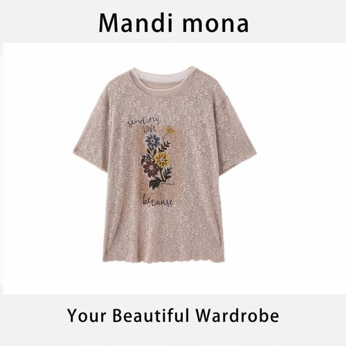 Mandi mona /【春袅】百搭花朵圆领拼接短袖MM512D079