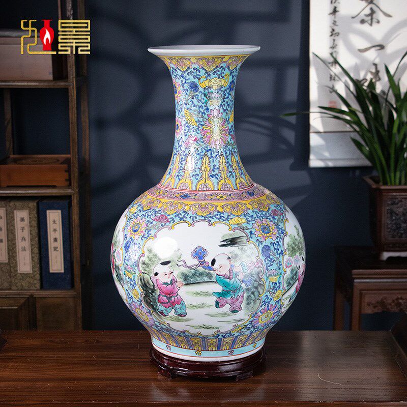 景德镇落地花瓶大号陶瓷手绘花开富贵瓷瓶中式客厅装饰摆件高55CM