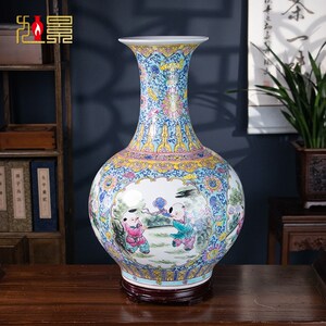 景德镇落地花瓶大号陶瓷手绘花开富贵瓷瓶中式客厅装饰摆件高55CM