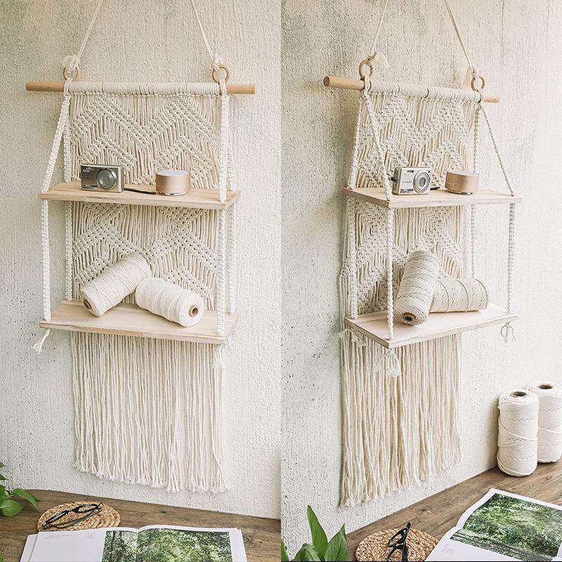 北欧风织编上挂毯置物架厅墙壁挂客架简RWM约实木板收纳民宿隔板