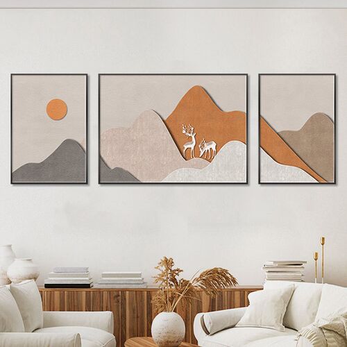 轻奢福禄客厅装饰画侘寂风沙发背景墙挂画背有靠山三联画抽象壁画