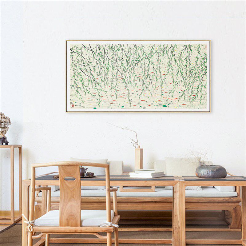 吴冠中新中式装饰画 客厅背景墙壁画 卧室床头画 茶室挂画柳树鱼