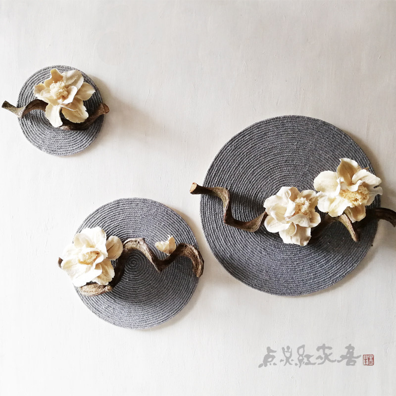 牡丹麻绳圆形装饰画禅意新中式家居壁饰挂件干花玄关墙饰新品包邮