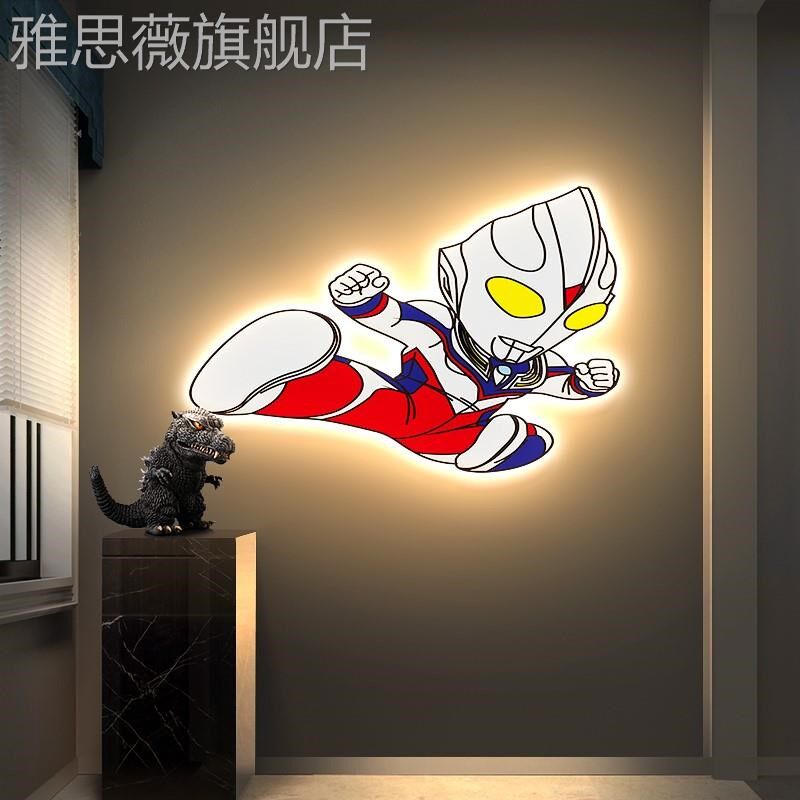 网红奥特卧男室装饰画孩儿童房间床头氛围曼感壁灯画卡通人物发光