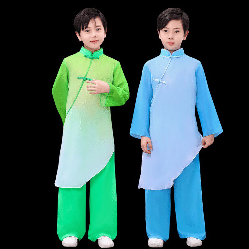 中国风武术服太极扇表演服男孩古典舞演出服团体操功夫水墨服书童