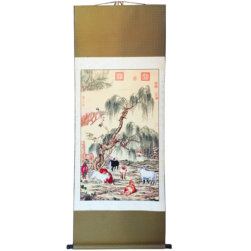 【富艺纯手工】郎世宁八骏图剪纸画蔚县挂轴装饰画大幅高档工艺品