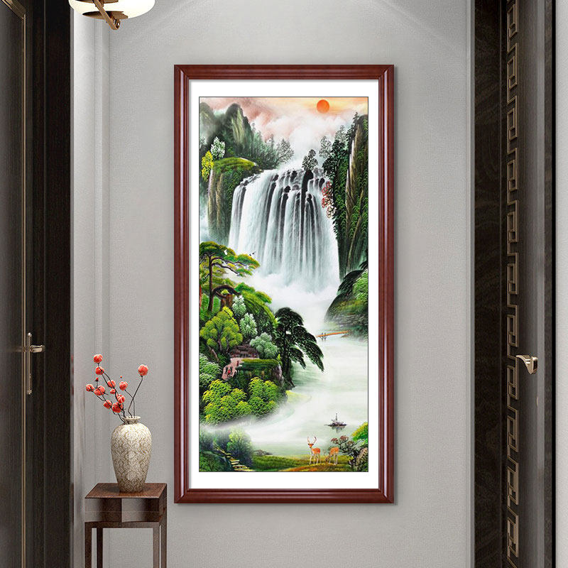 流水生财山水风景新中式入户玄关装饰画竖版进门走廊过道尽头挂画