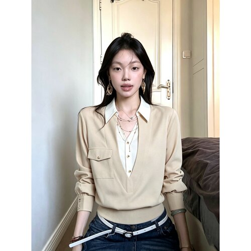 杏色V领拼接假两件上衣T恤长袖女