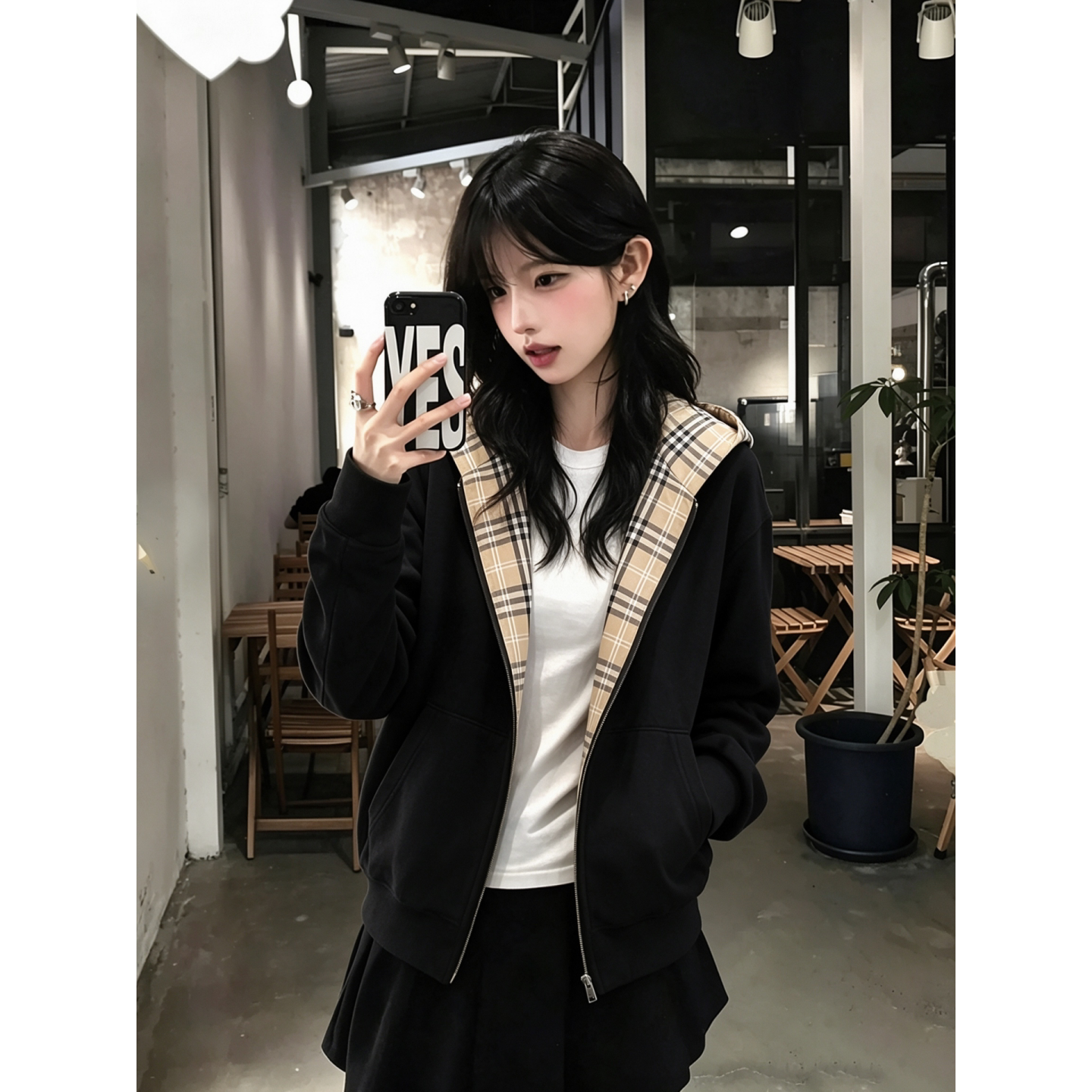 美式格纹拼接开衫连帽卫衣女秋冬复古设计感宽松休闲百搭拉链外套