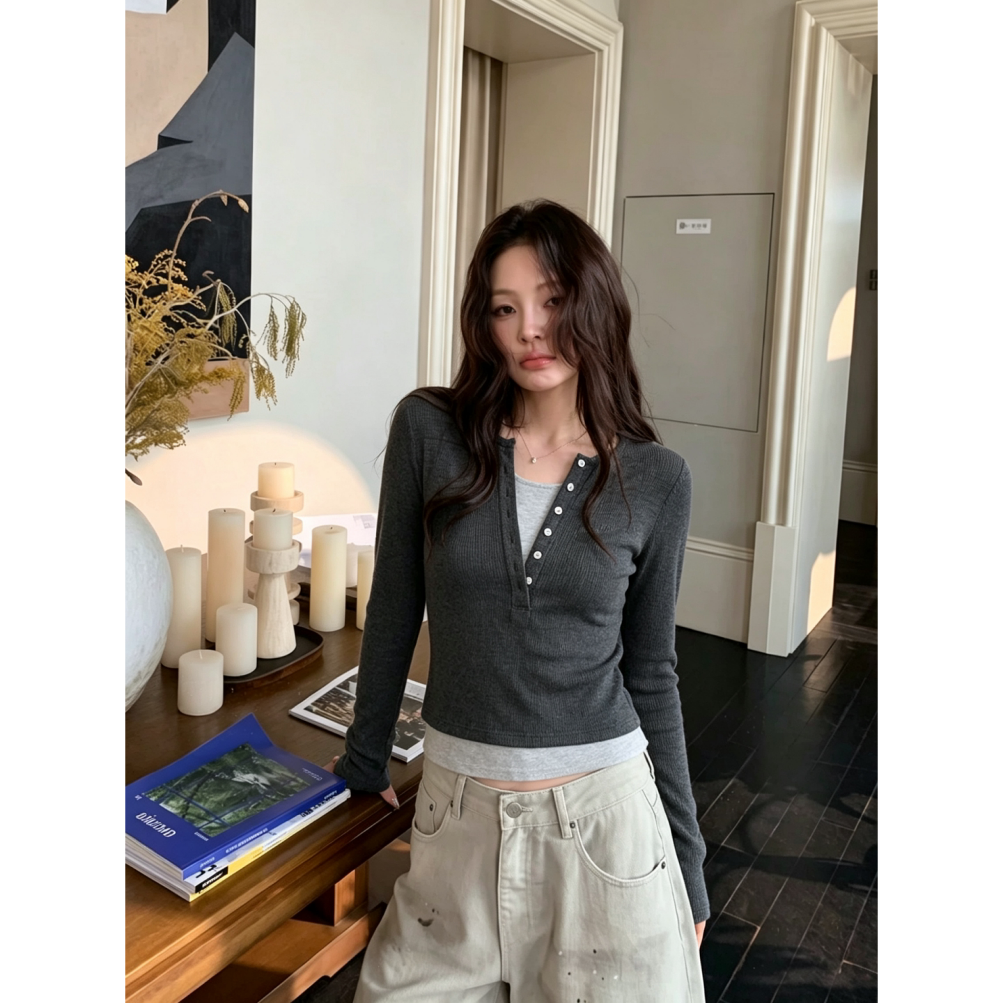 假两件半开领长袖T恤女春秋修身显瘦V领撞色拼接纽扣打底内搭上衣