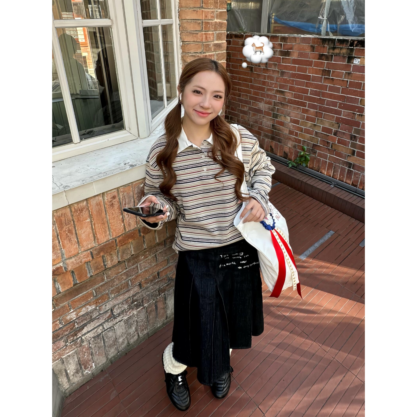 学院风条纹Polo长袖T恤女假两件拼接翻领慵懒松弛感小众打底上衣