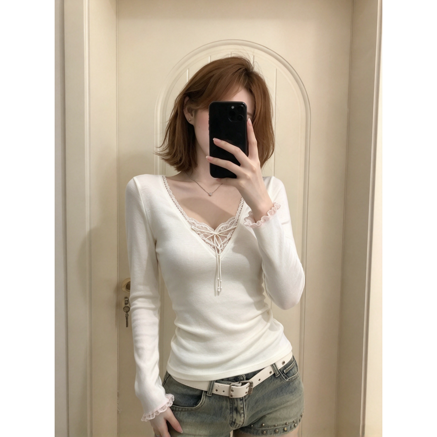 设计感绑带假两件长袖T恤女设计感蕾丝花边V领修身收腰内搭打底衫