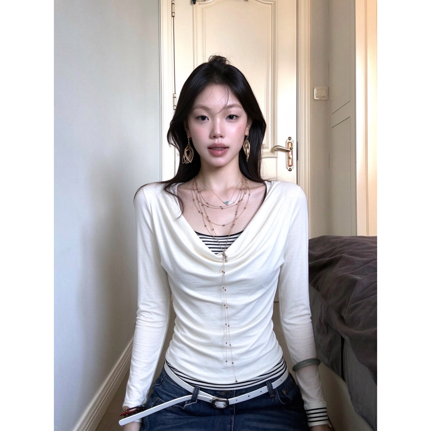 韩系白色荡领条纹假两件长袖t恤衫女秋季韩系修身设计感内搭上衣