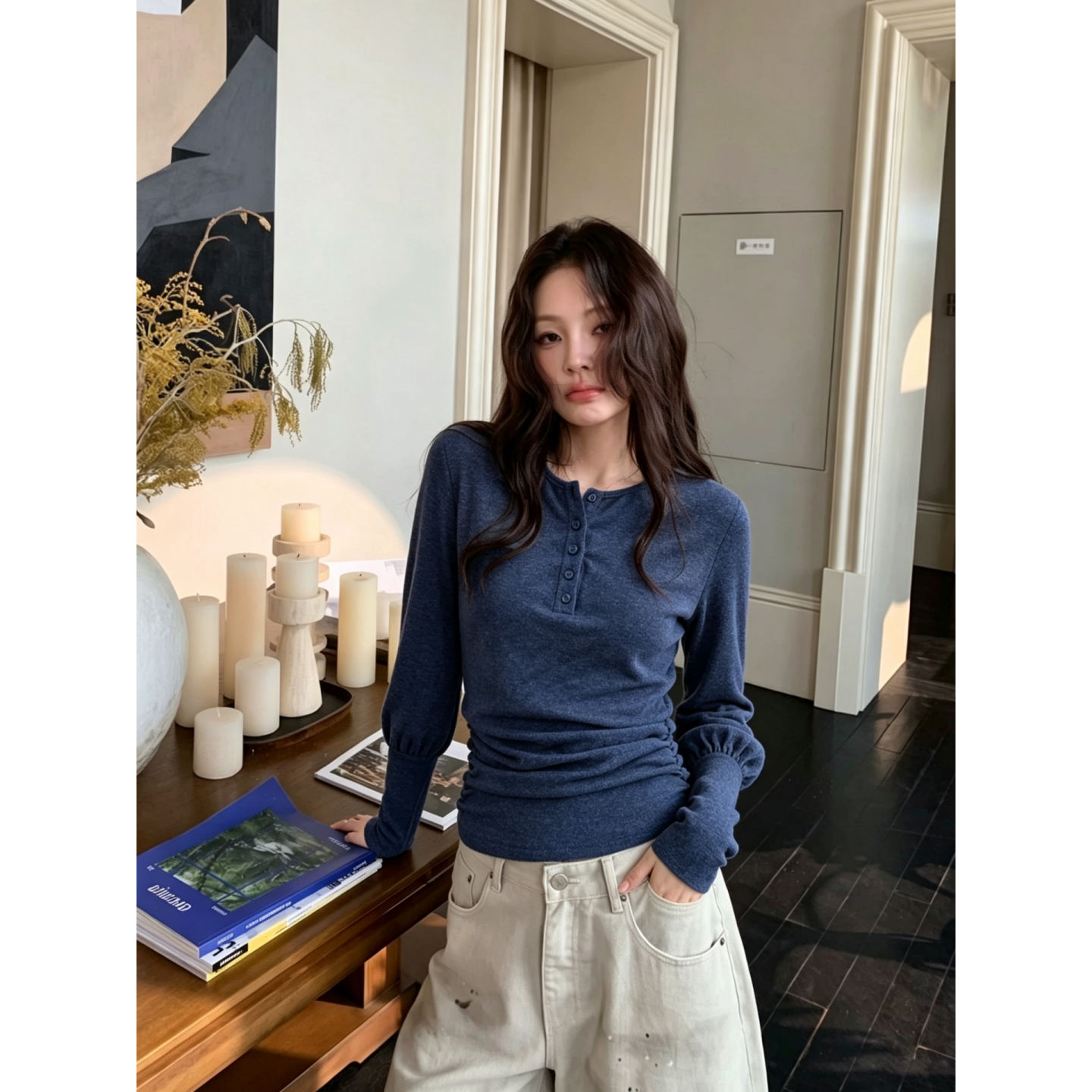韩系早秋蓝色亨利领上衣女温柔风修身长袖2026新款T恤秋季打底衫