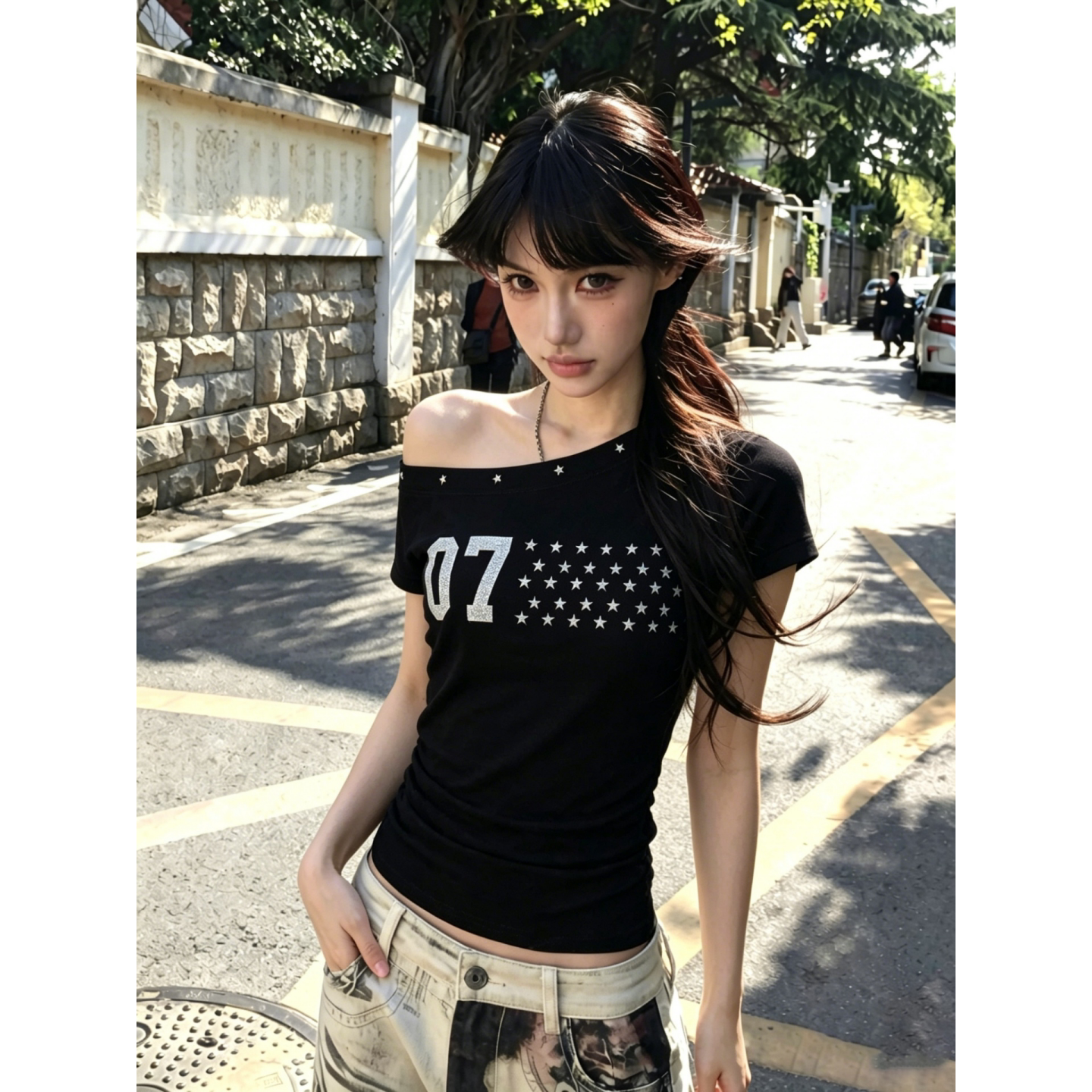 美式街头短袖t恤女夏季显瘦修身辣妹星星上衣甜酷铆钉斜肩打底衫