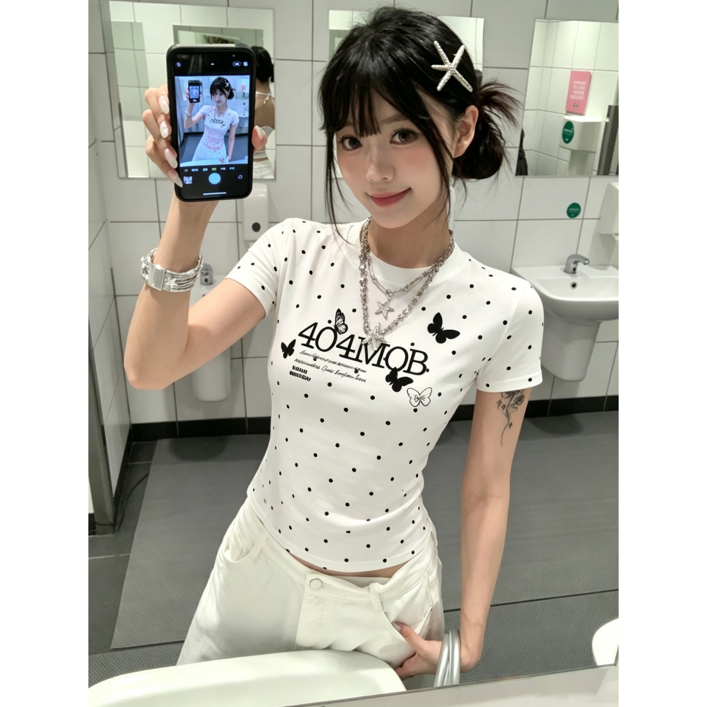 【404MOB】蝴蝶波点印花夏季t恤图片