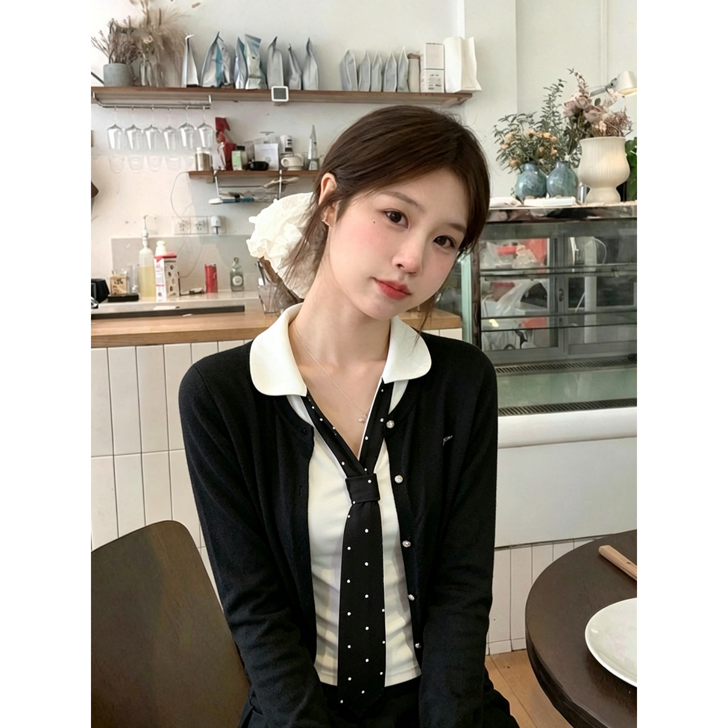 黑色长袖开衫外套女2026秋季慵懒感修身显瘦短款T恤韩系波点上衣