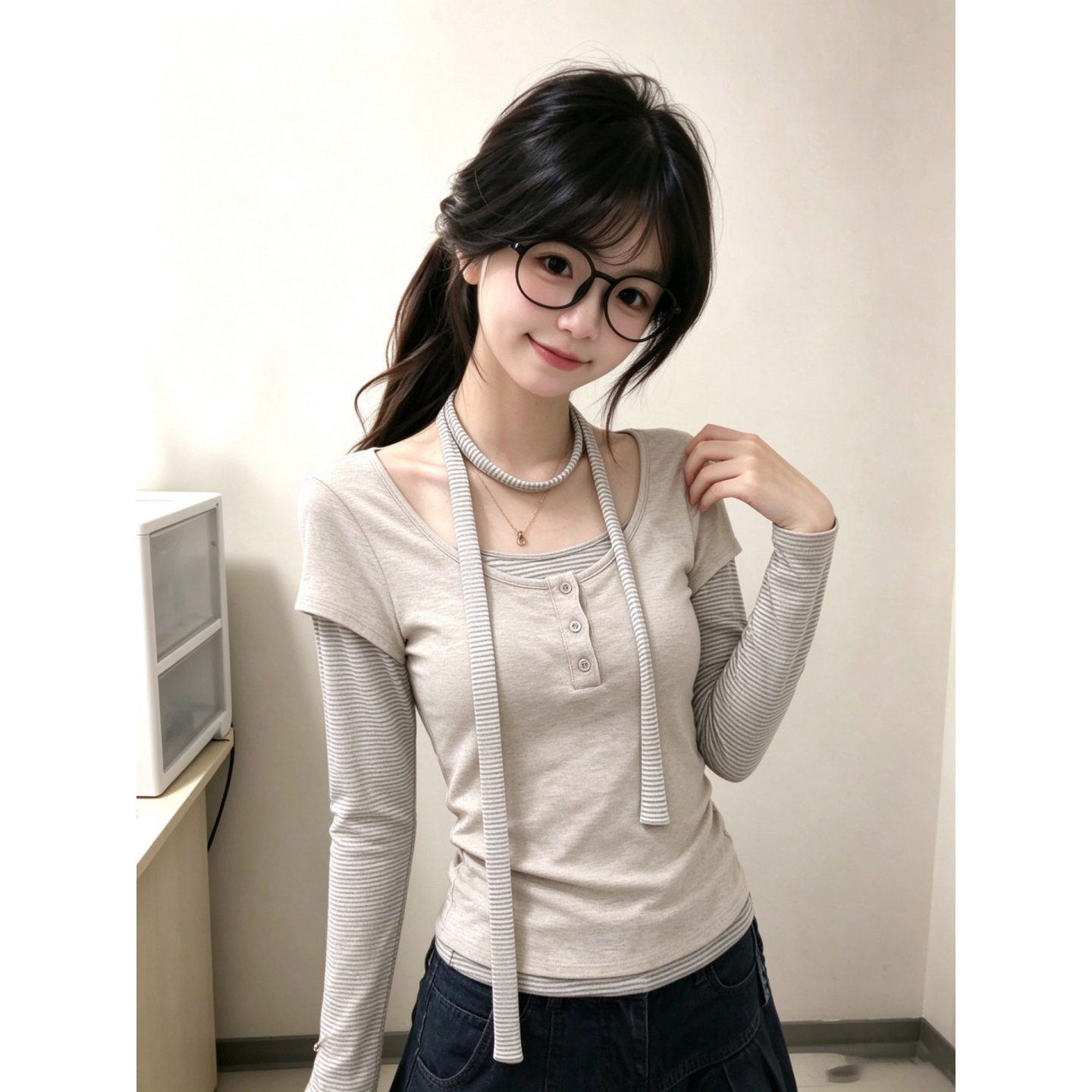 早秋设计感挂脖飘带假两件小上衣撞色条纹拼接显瘦修身长袖T恤女