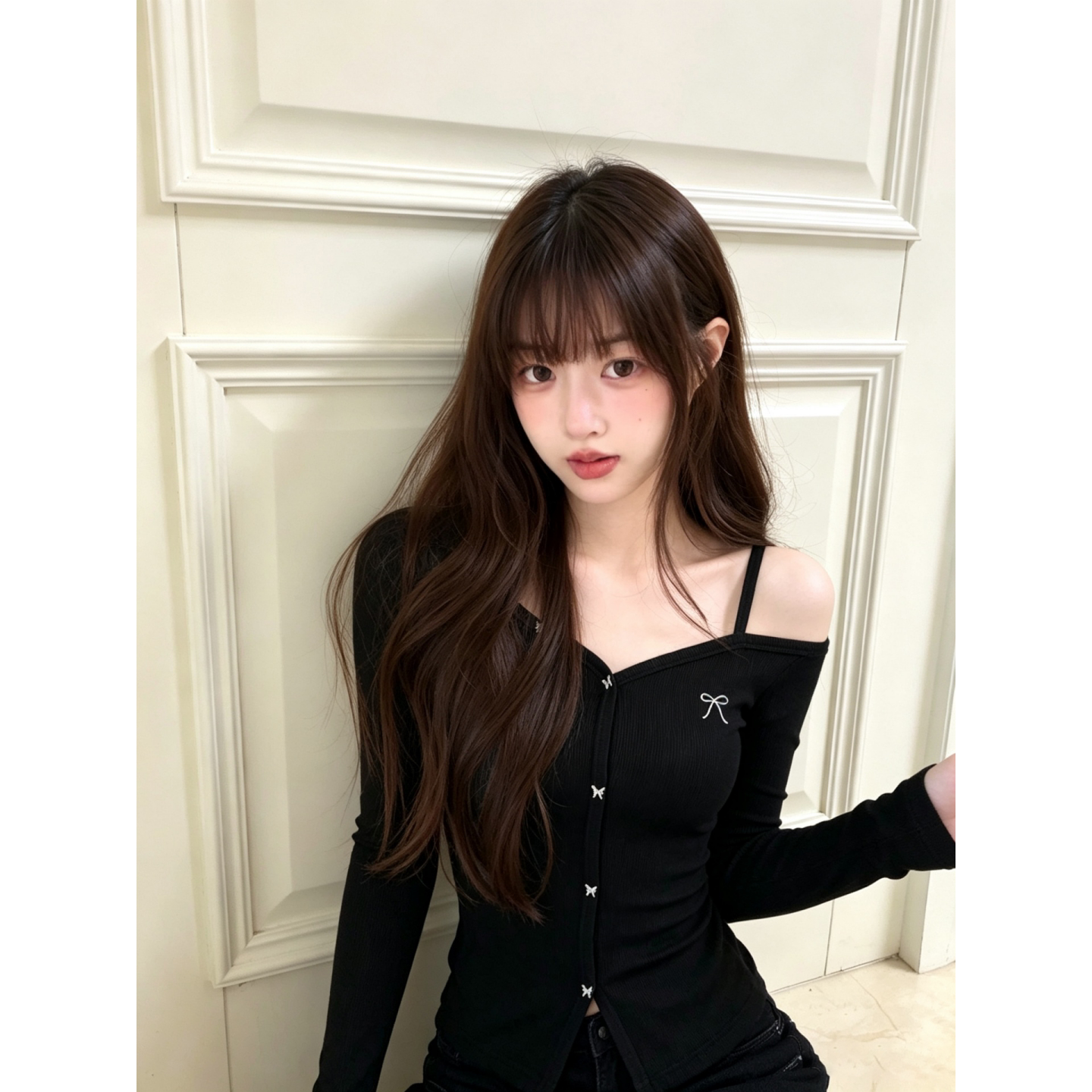 黑色斜肩蝴蝶结长袖T恤女秋上衣图片