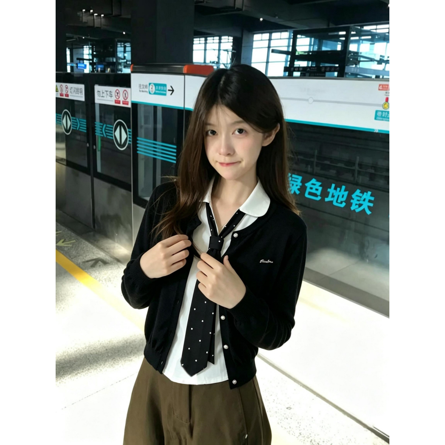 黑色长袖开衫外套秋季宽松慵懒感单排扣设计短款T恤女波点小上衣