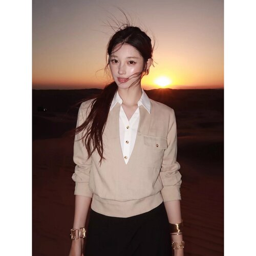 杏色V领拼接假两件上衣T恤长袖女
