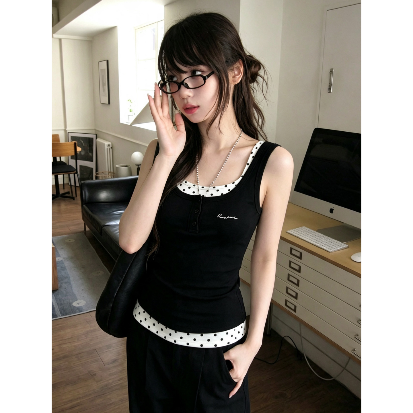 美式风撞色波点假两件无袖工字吊带背心女夏季打底遮副乳辣妹上衣