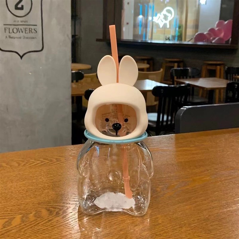 中秋月圆欢聚系列小清新星空可爱月兔杯盖造型玻璃吸管杯礼品水杯