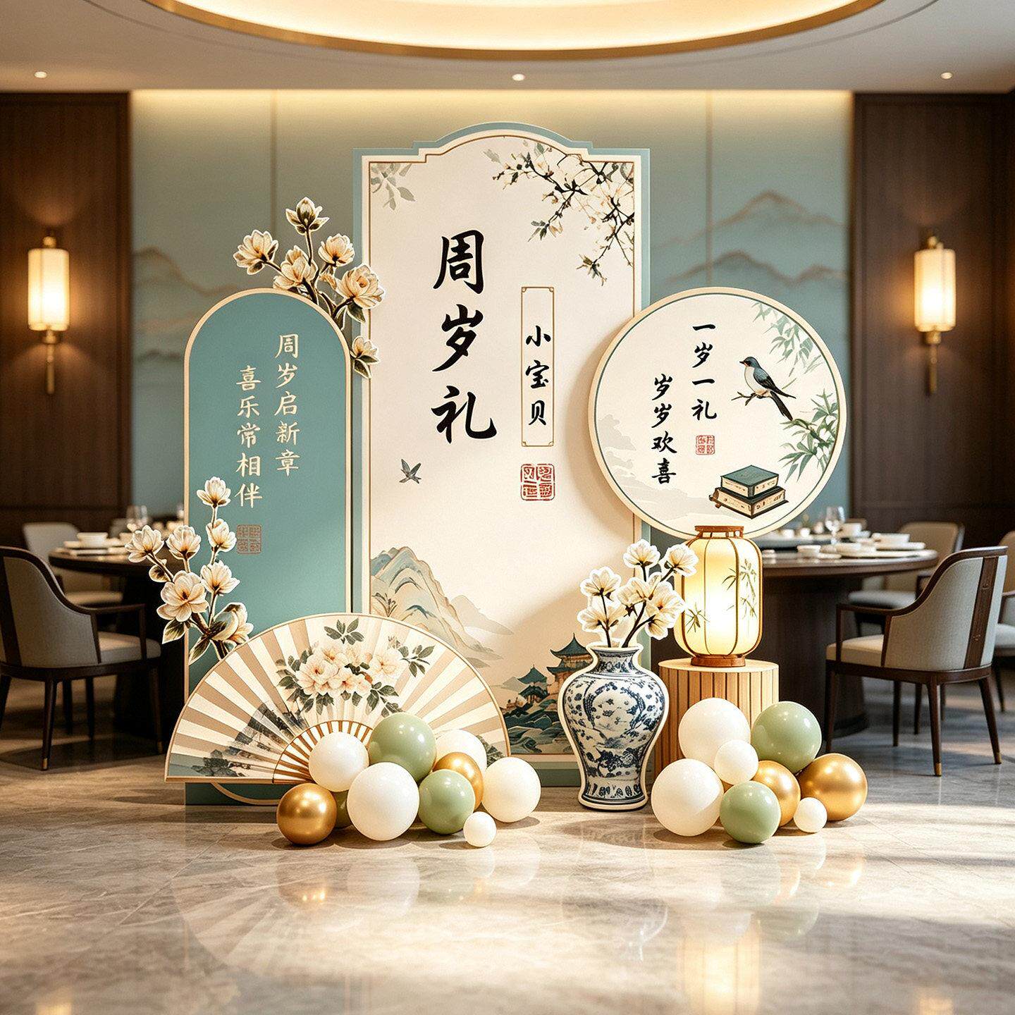 新中式宝宝生日布置岁宴生日布置场景氛围周感饰女男孩抓周礼装背