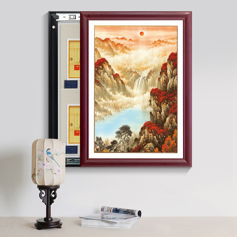 新中式实木框竖款配电箱画推拉电表箱装饰画免打孔电闸画空开挂画