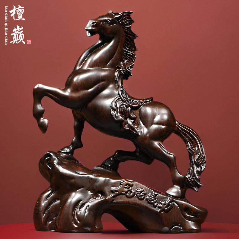 黑檀木雕马到成功摆件 新中式实木桌面装饰 纯手工木雕艺术品