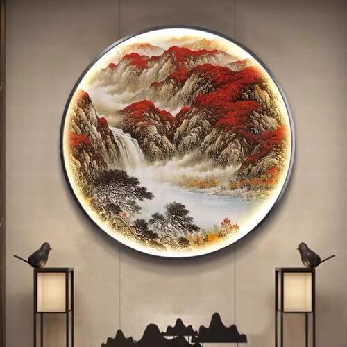 带灯鸿运当头茶室玄关装饰画灯光画新中式客厅壁灯办公室山水挂画