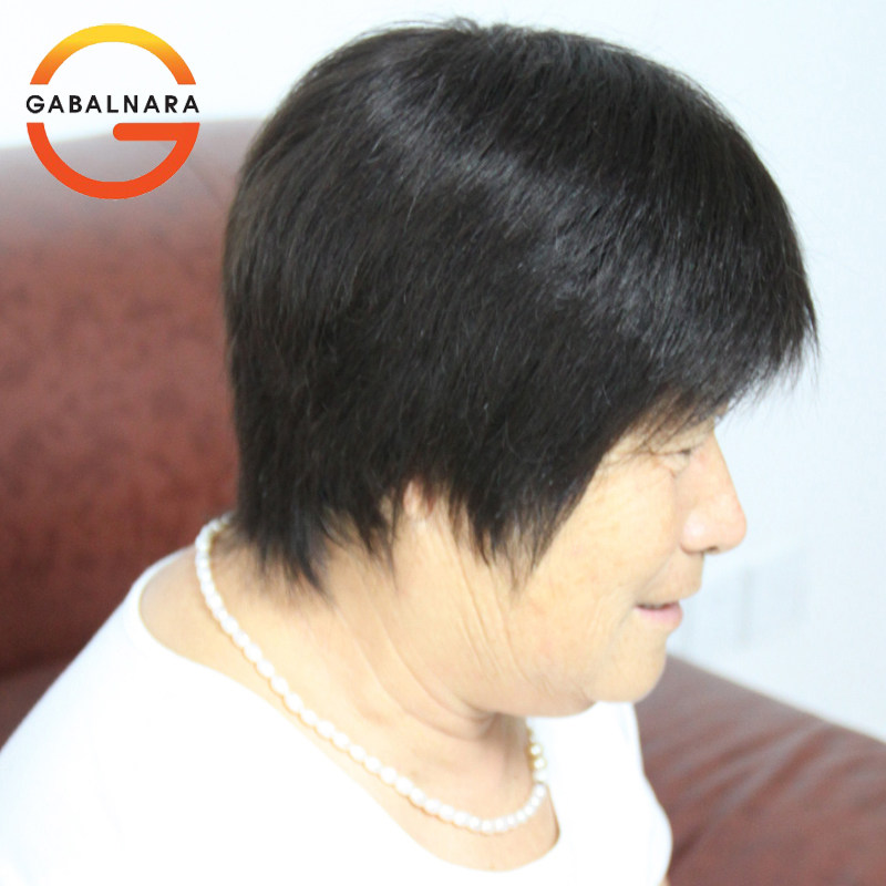 包邮中老年假发手织妈妈花白真发假发短发女斜刘海奶奶整顶直发