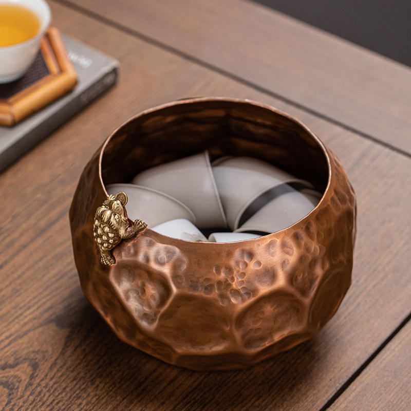 紫铜茶洗建水 手打纯铜锤纹复古茶器茶渣收纳 水洗茶道配件消毒锅