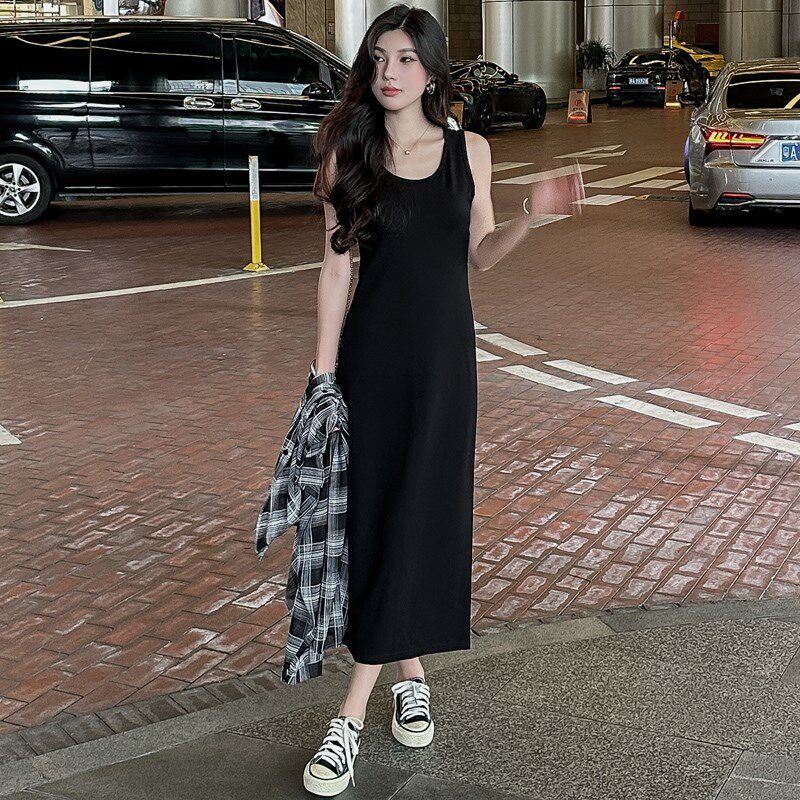 黑色吊带连衣裙高级感小黑裙内搭裙2024新款女夏季长裙修身背心裙
