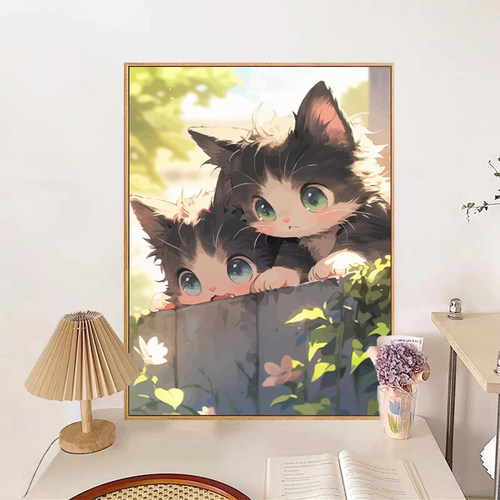 数字油画DIY填充涂色 可爱猫咪丙烯油彩手工手绘 卡通风格装饰挂