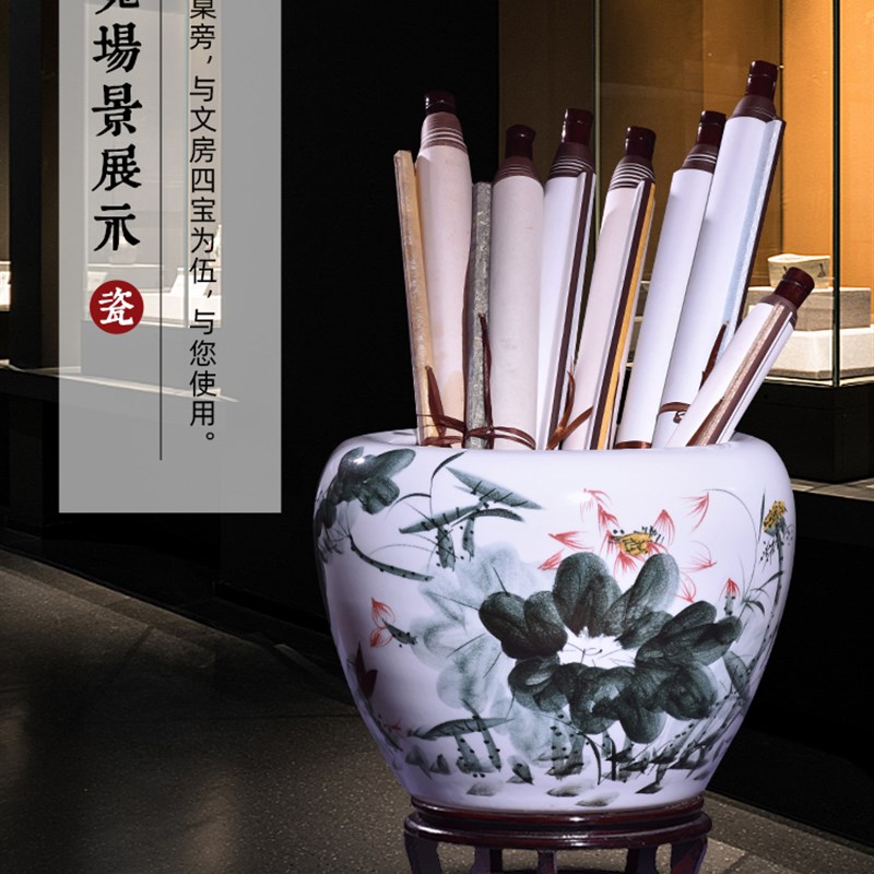 景德镇陶瓷荷花书画缸字画收纳缸客厅书房摆件中式花瓶落地放画筒